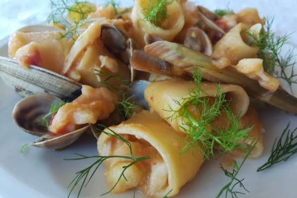 Calamarata con baccalà, frutti di mare e crema di pasta e patate