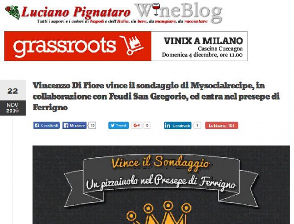 Vincenzo Di Fiore vince il sondaggio di Mysocialrecipe, in collaborazione con Feudi San Gregorio, ed entra nel presepe di Ferrigno